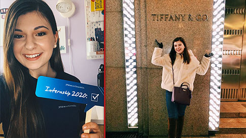 Left: Jana holding internship tag. Right: Jana in front of Tiffany & Co